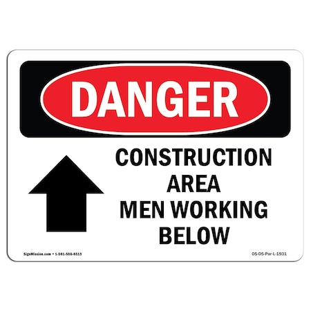 Signmission Safety Sign, OSHA Danger, 5" Height, Construction Area Men Working Above, Landscape OS-DS-D-57-L-1931
